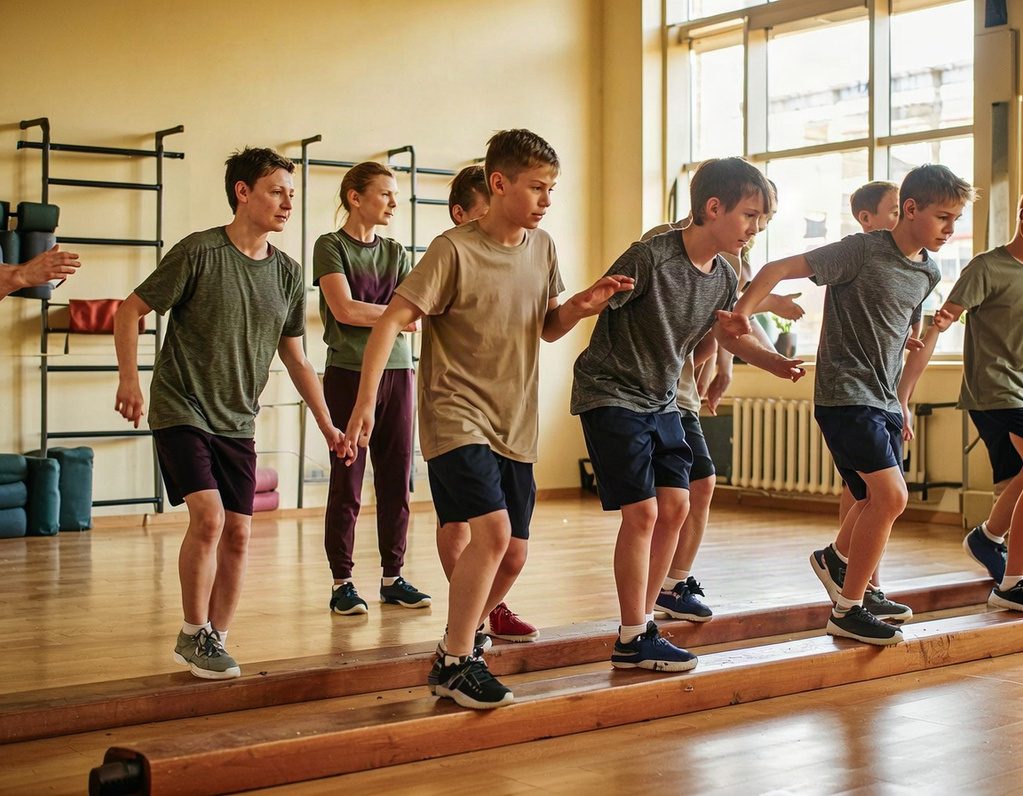 Symbolbild, KI-generiert Symbolbild (KI-generiert): Trainerin leitet Bewegungsübungen mit Kindern auf einem Schwebebalken